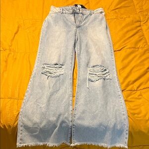 Boohoo Light Blue Flare Jeans with Distressed Knees